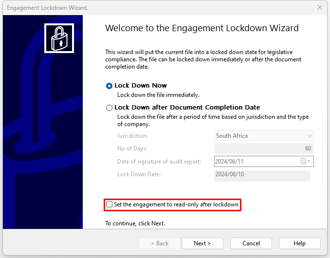 A screenshot of a lockdown wizard  Description automatically generated