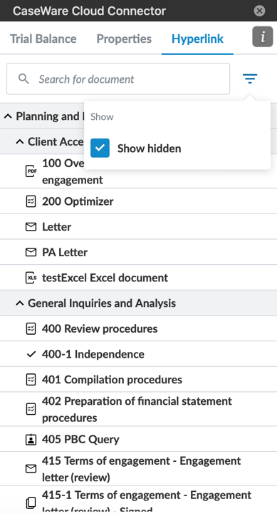 The Show hidden option for hyperlinks in the Caseware Cloud Connector add-on.