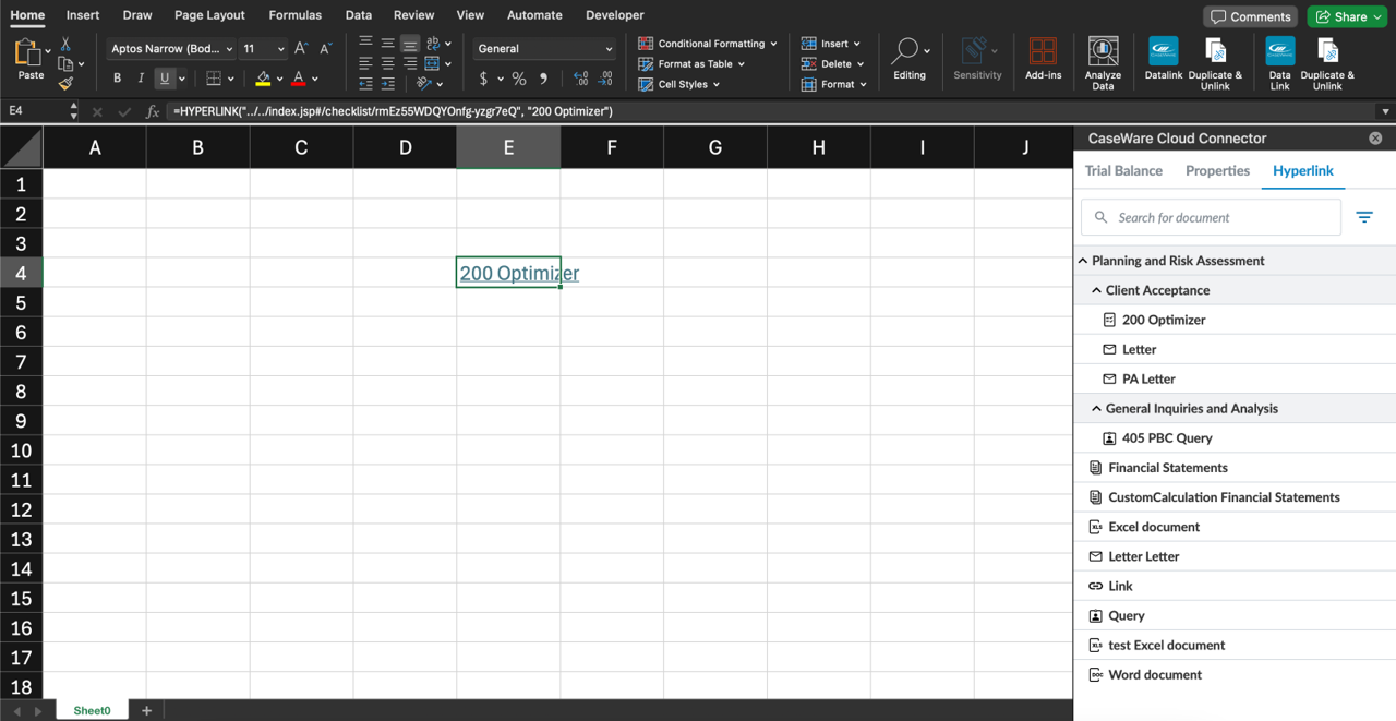 The hyperlink feature in an MS Excel spreadsheet.